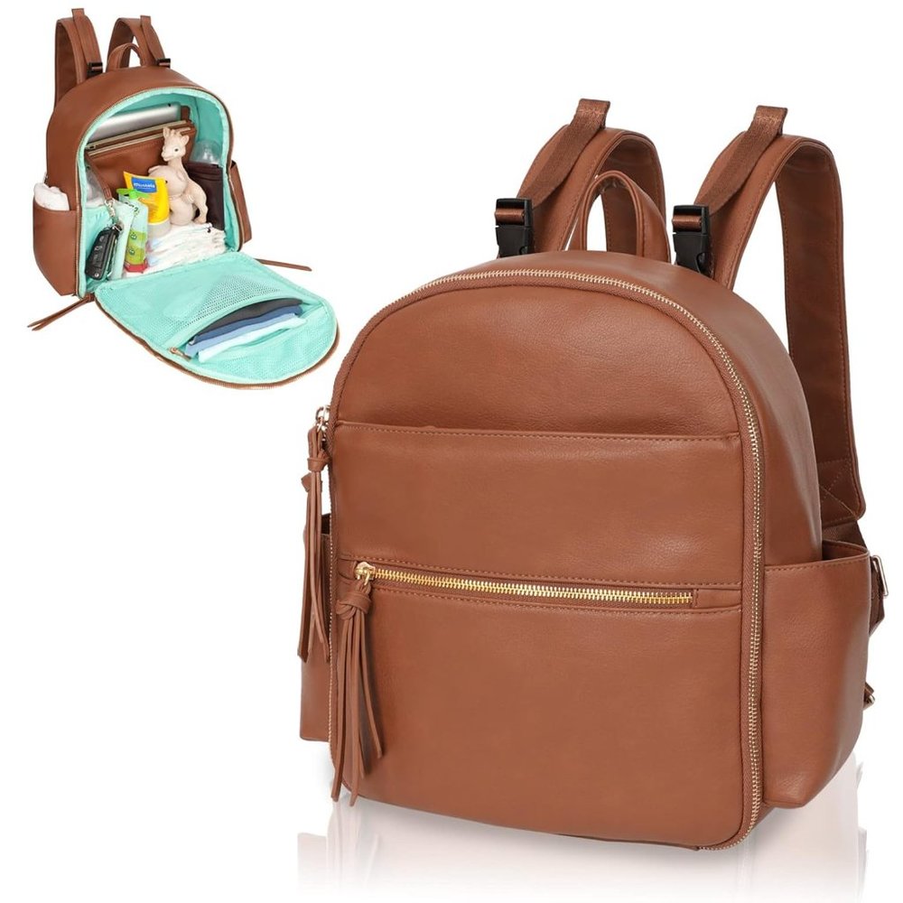 MOMINSIDE Small Brown Leather Diaper Bag Backpack with Blue Interio - Brand New!